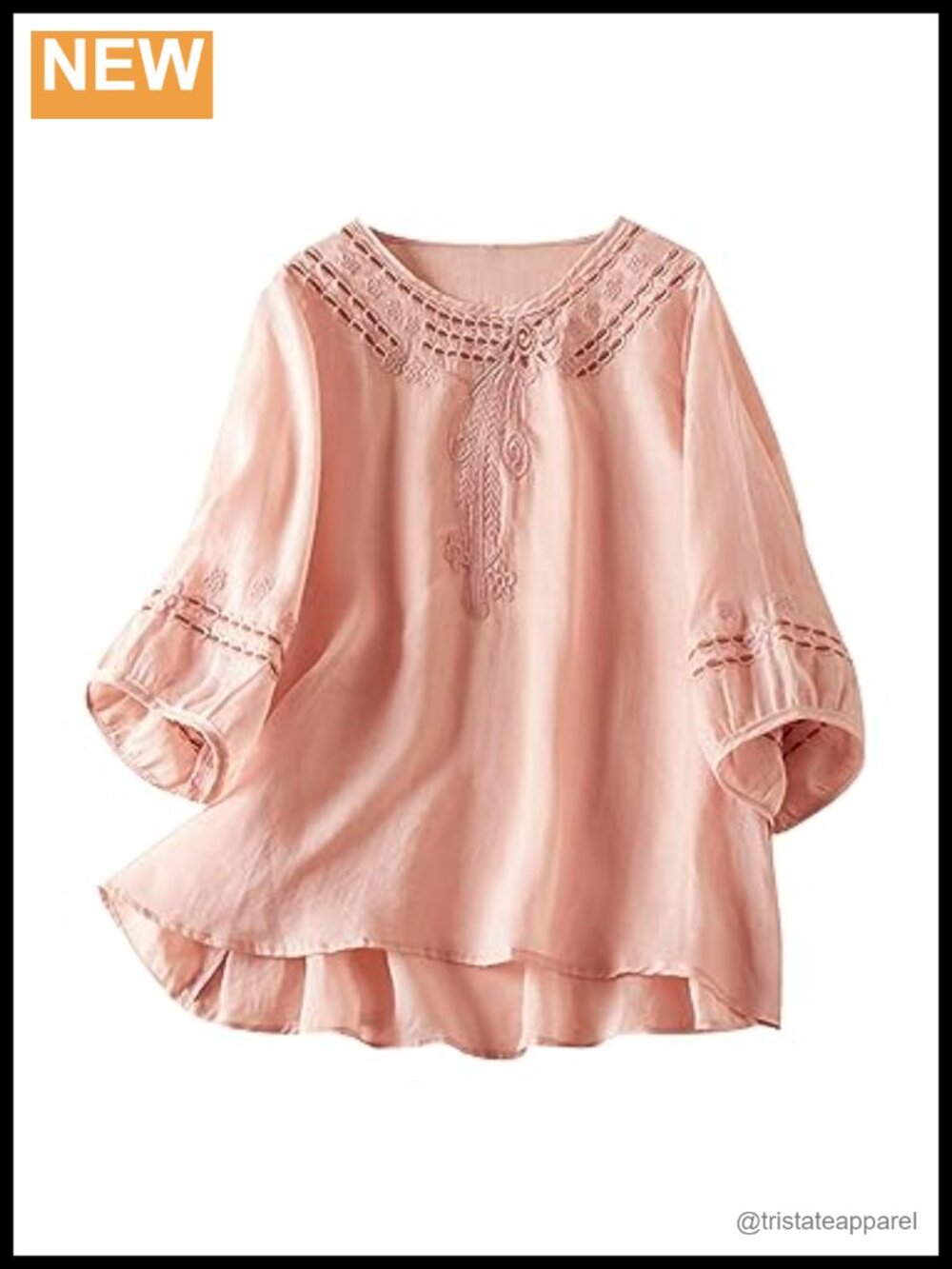 Women's Linen Cotton Embroidery 3/4 Sleeve Tunic Blouse Button Down